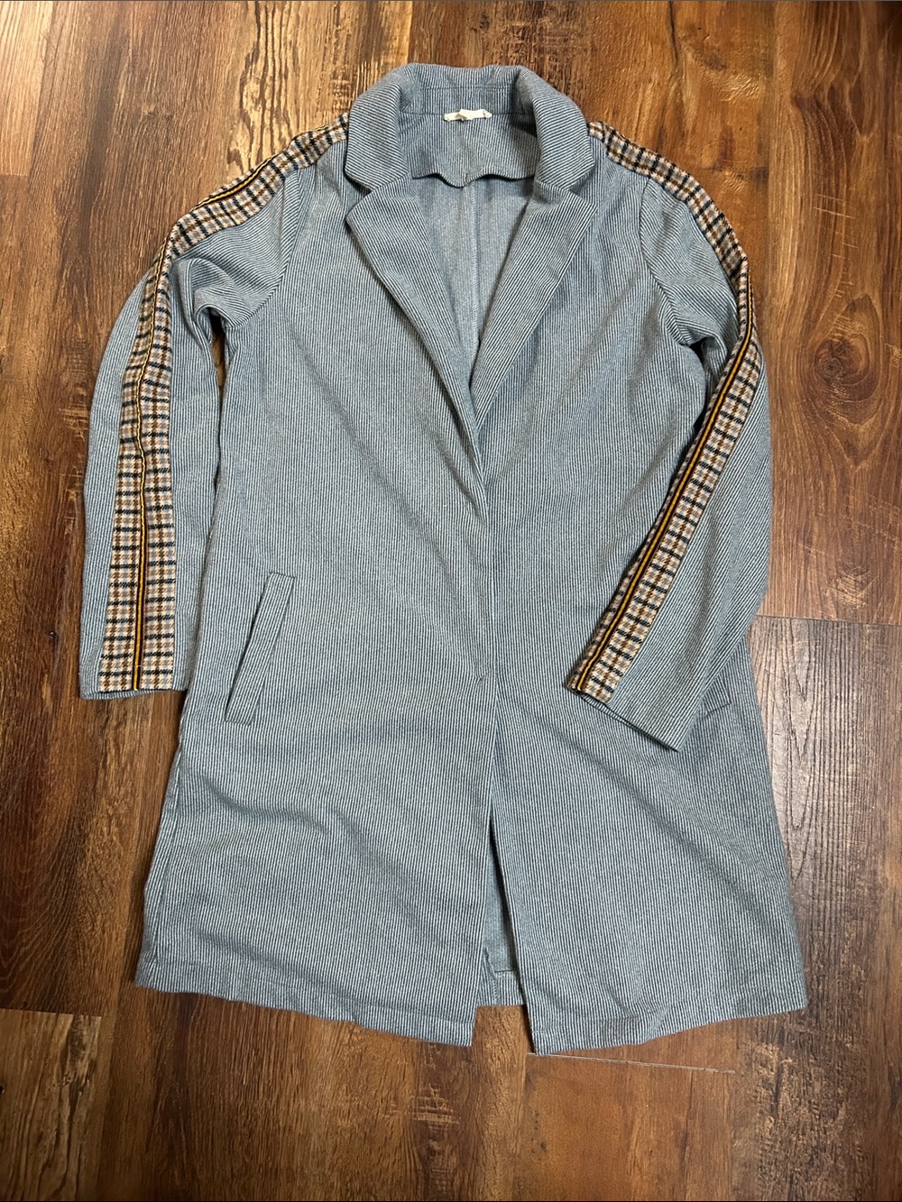 Mystree Light Blue Open-Front Long Blazer with Plaid Sleeve Trim
